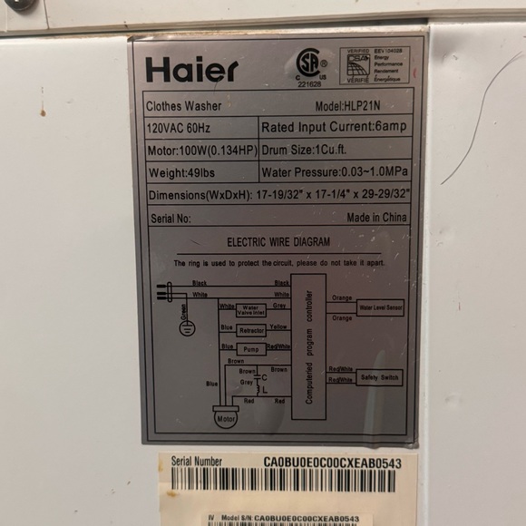 Haier Portable Washing Machine model HLP21N clothes washer Drum size 1.0Cu.ft - Picture 7 of 11